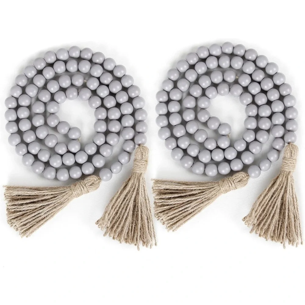 Rustic Boho Farmhouse Modern Cute Grey Beads/Wood Tie Tassel Garland Home Decor